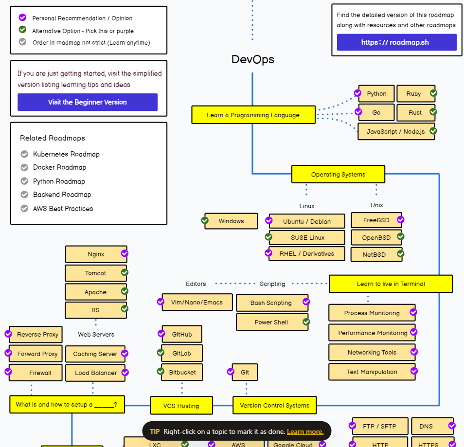 Roadmap DevOps do roadmap.sh — trecho inicial: linguagem, sistemas operacionais, terminal, VCS