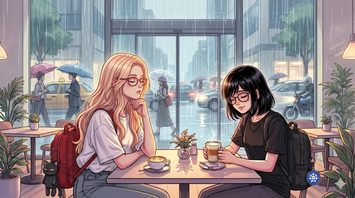Sofia e Lauren na cafeteria em um dia de chuva