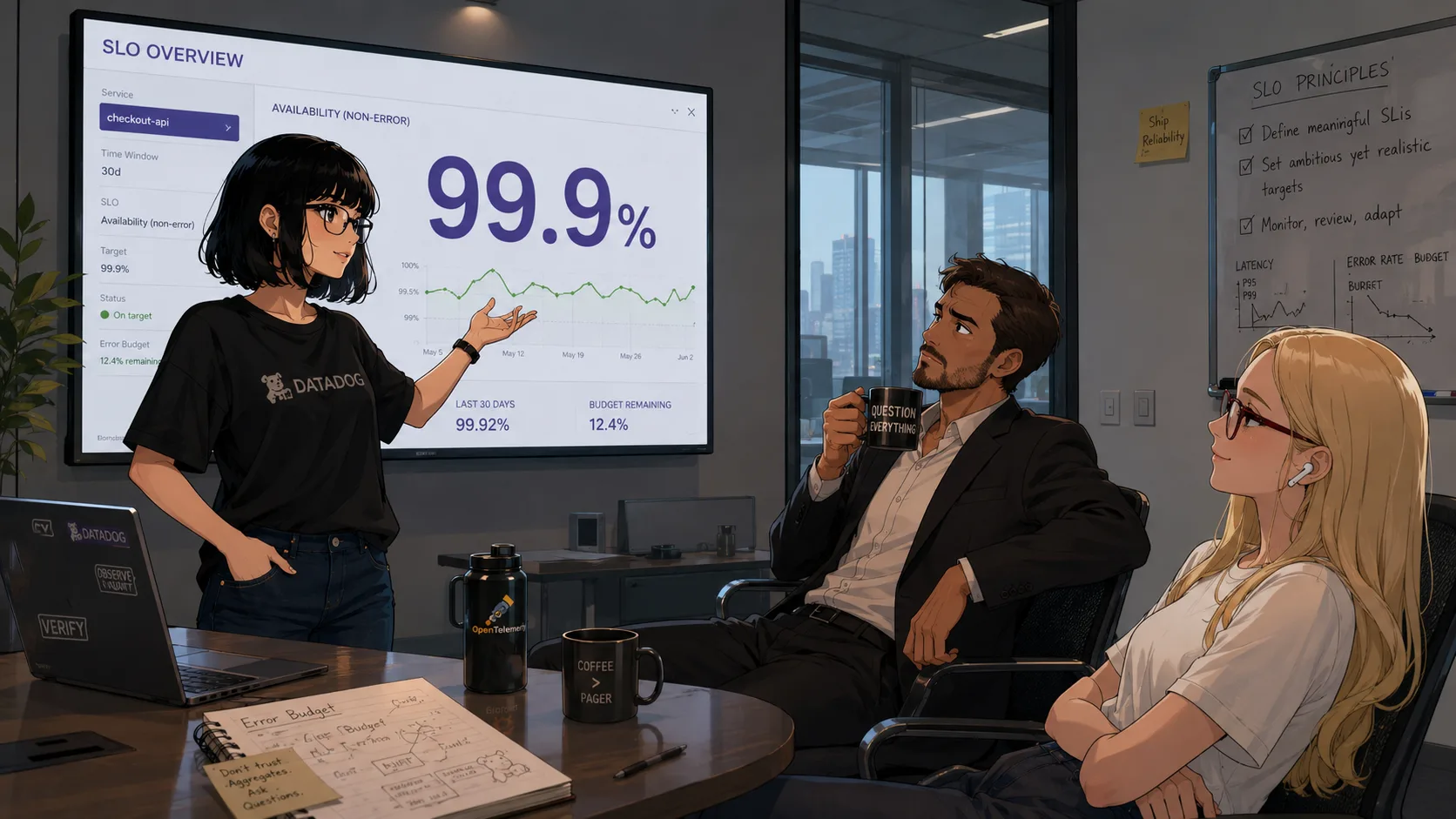 Sofia apresenta o SLO de 99,9% para Marcelo enquanto Lauren observa